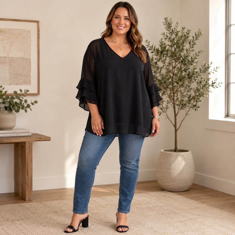 Valolia Black Sheer Ruffle Sleeve Blouse Minimalist Office Chic NWT XXL